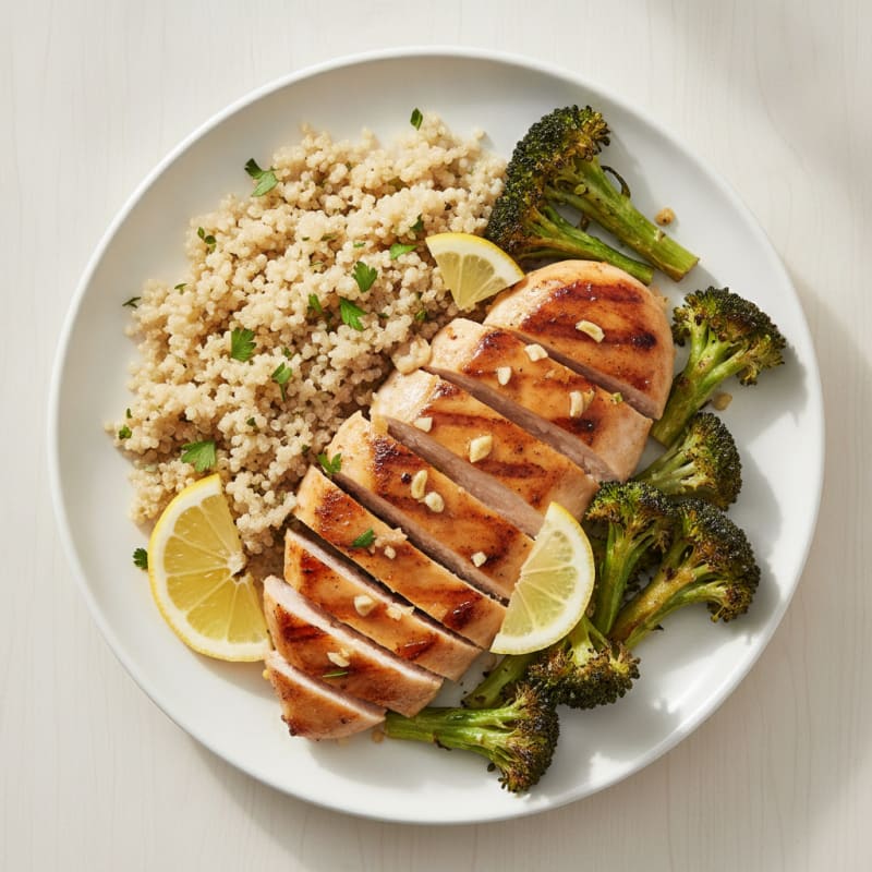 Grilled Lemon Garlic Chicken Breast with Quinoa and Roasted Broccoli