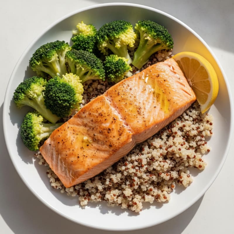 Pan-Seared Salmon with Steamed Broccoli and Quinoa