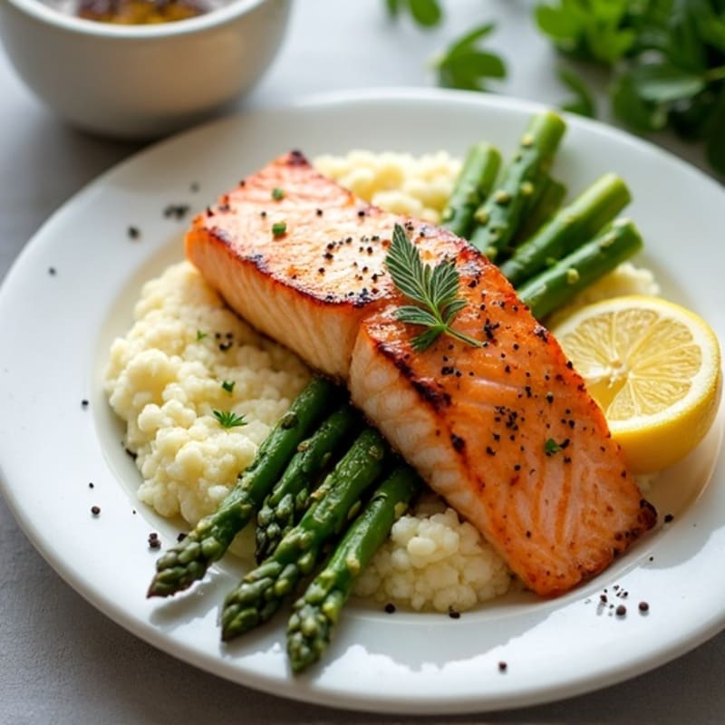 Seared Salmon Fillet with Steamed Asparagus and Garlic Mashed Cauliflower