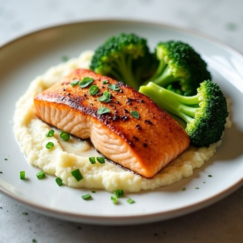 Seared Salmon with Steamed Broccoli and Garlic Cauliflower Mash