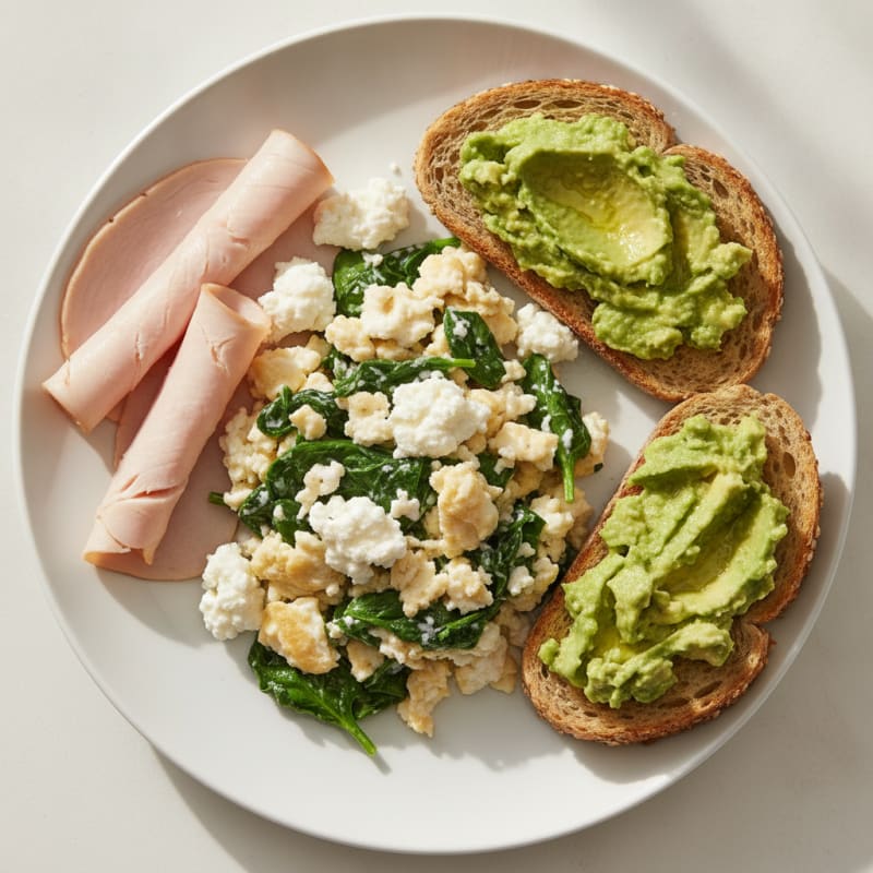 Egg White and Spinach Scramble with Cottage Cheese and Sliced Turkey
