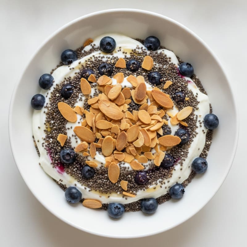 Greek Yogurt Parfait with Chia Seeds and Sliced Almonds