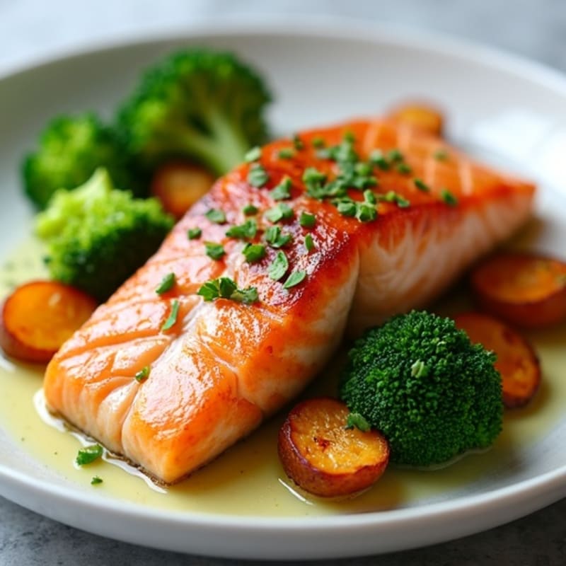 Seared Salmon with Steamed Broccoli and Roasted Sweet Potato
