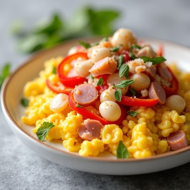 Fluffy Egg Scramble with Ham, Bell Peppers, and Onions