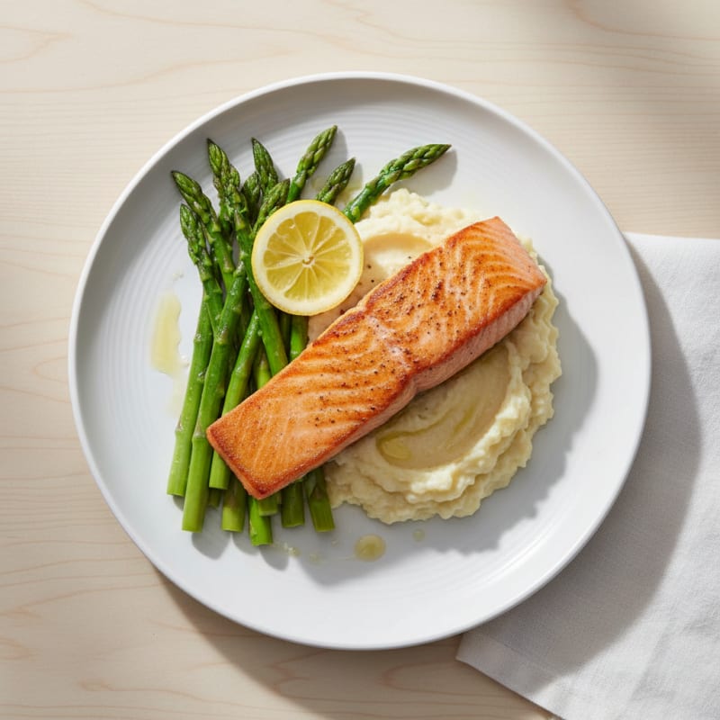 Seared Salmon with Steamed Asparagus and Garlic Cauliflower Mash