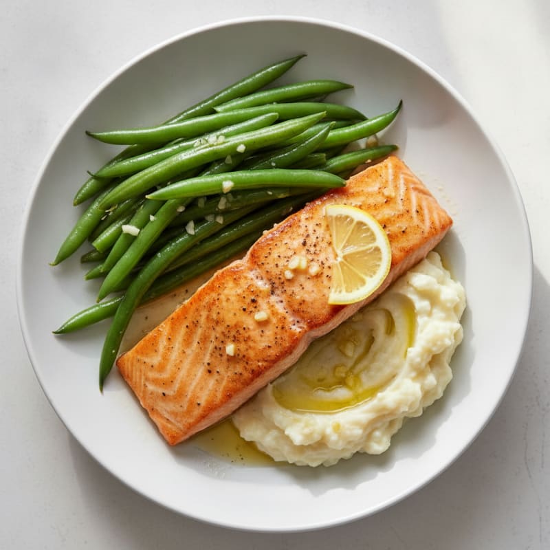 Seared Salmon with Steamed Green Beans and Garlic Mashed Cauliflower