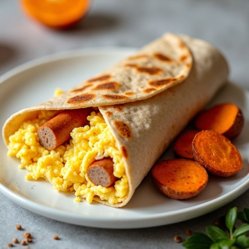 Chicken Sausage and Scrambled Egg Burrito with Roasted Sweet Potatoes