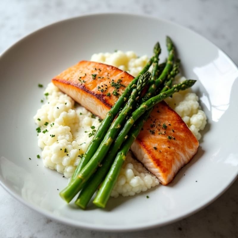 Seared Salmon with Steamed Asparagus and Cauliflower Mash