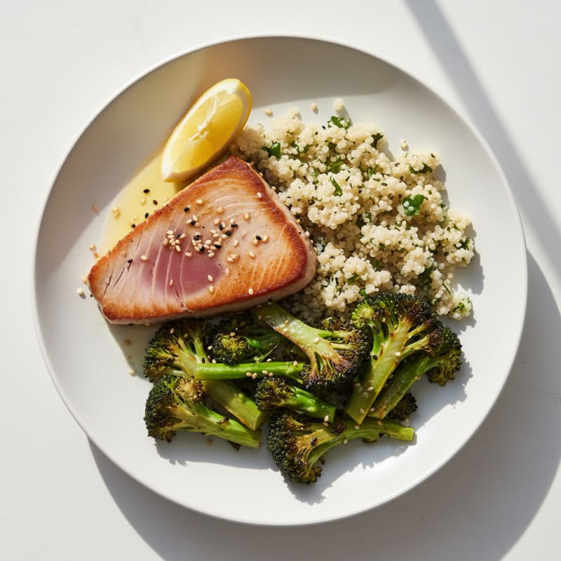Grilled Tuna Steak with Quinoa and Roasted Broccoli