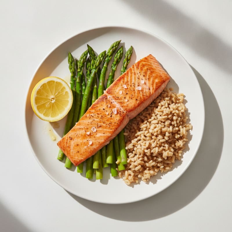 Seared Salmon with Steamed Asparagus and Brown Rice