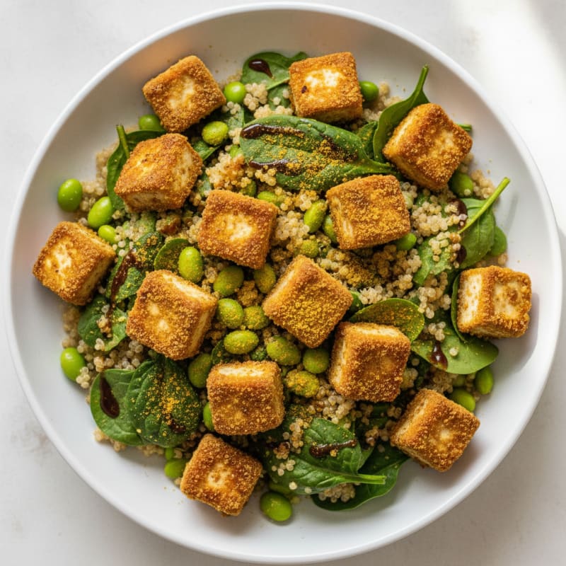 Crispy Tofu and Edamame Power Bowl with Quinoa