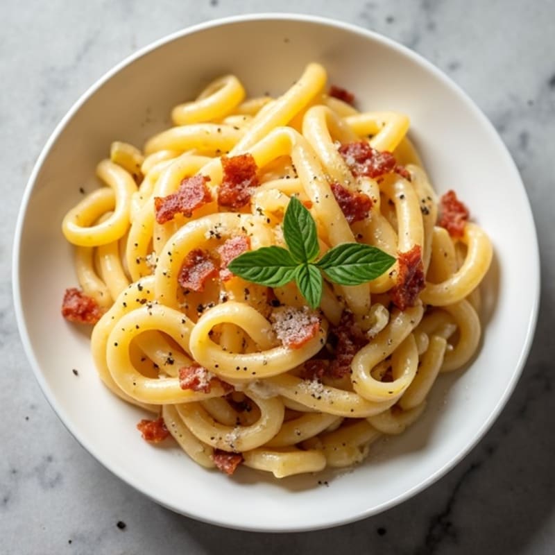 Healthy Pasta with Creamy Egg Sauce and Crispy Lean Pancetta