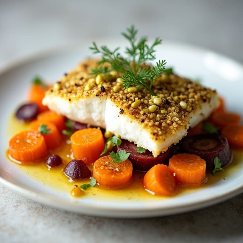 Pistachio-Crusted Cod with Roasted Root Vegetables and Zesty Lemon Vinaigrette