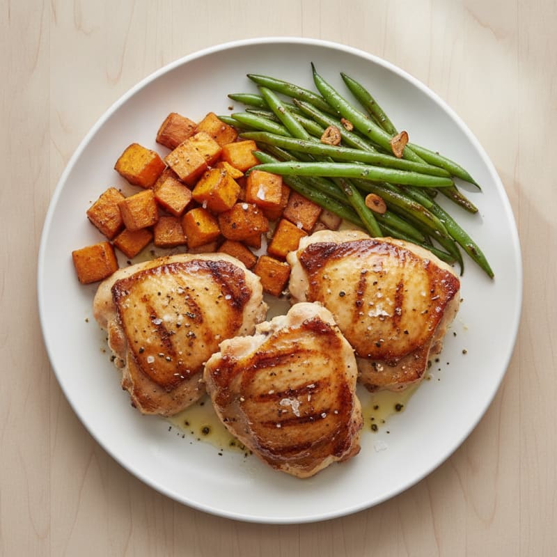 Grilled Chicken Thighs with Roasted Sweet Potatoes and String Beans