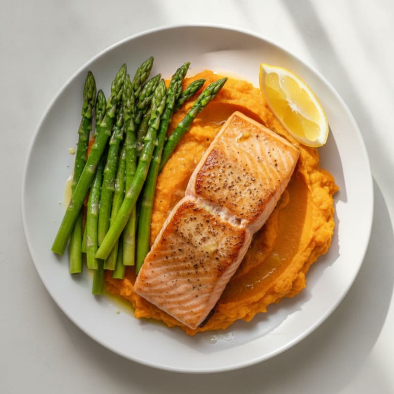 Seared Salmon with Steamed Asparagus and Sweet Potato Mash