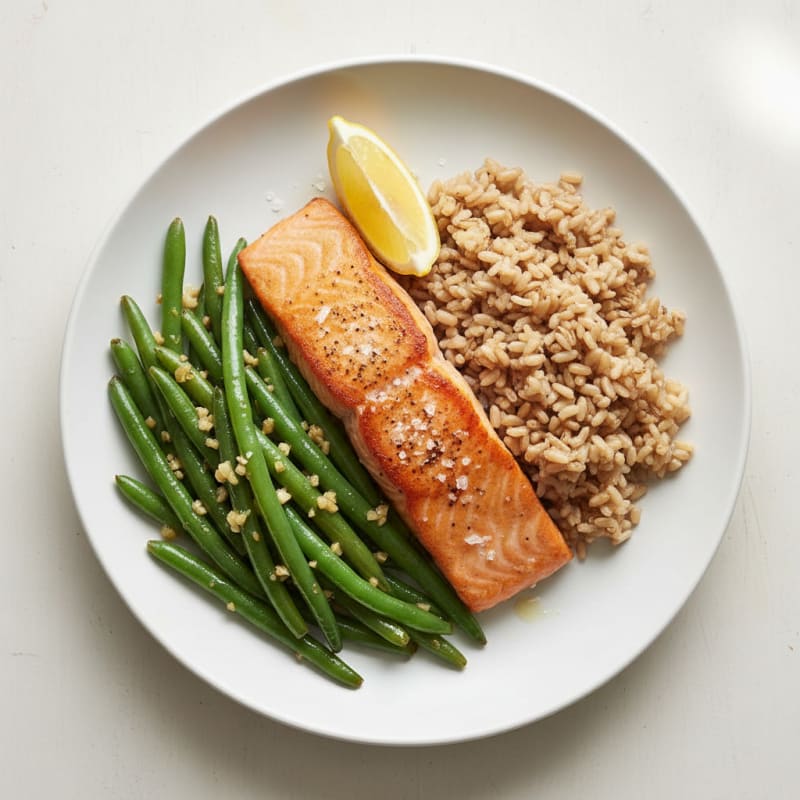 Seared Salmon with Garlic Green Beans and Brown Rice