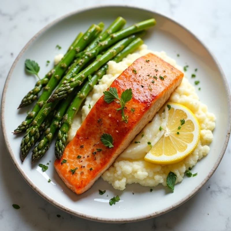 Seared Salmon with Steamed Asparagus and Cauliflower Mash
