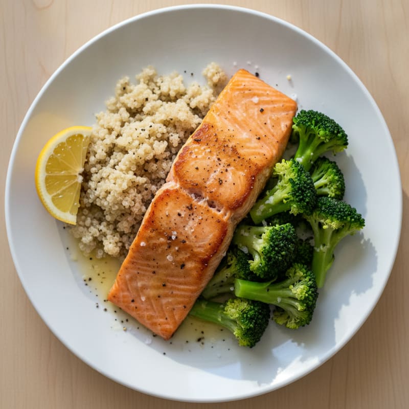 Seared Salmon Fillet with Steamed Broccoli and Quinoa
