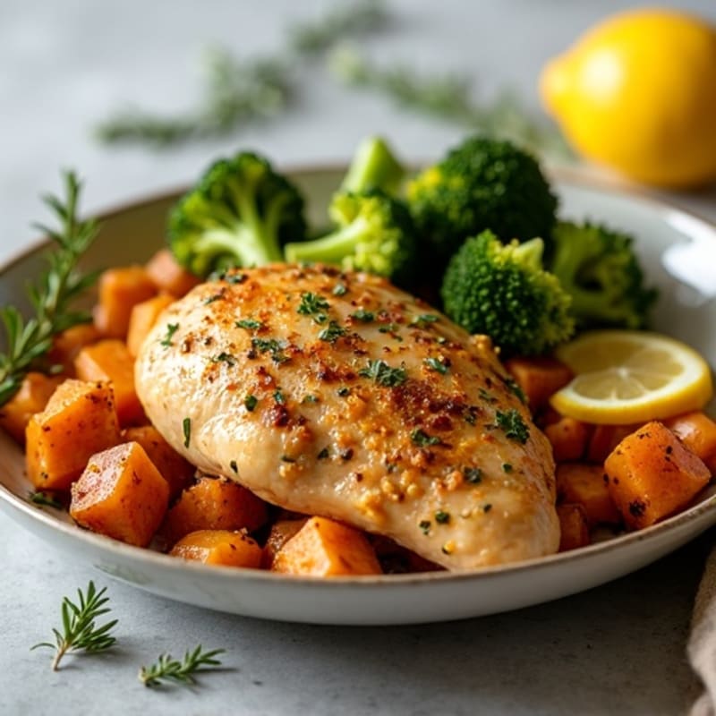 Crispy Lemon-Herb Roasted Chicken with Sweet Potatoes and Broccoli