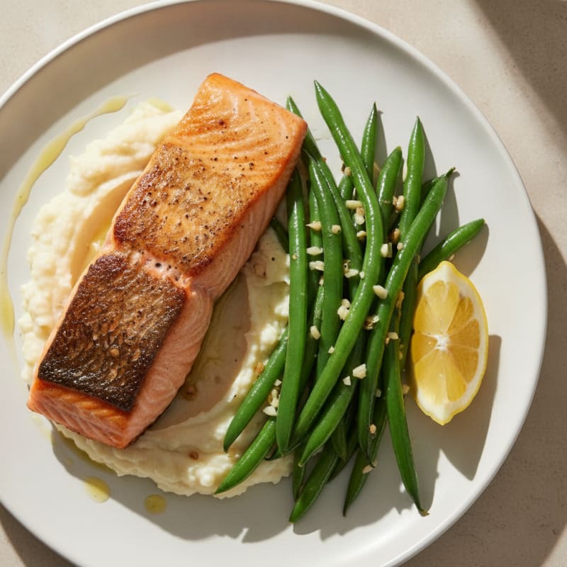 Seared Salmon Fillet with Garlic Green Beans and Cauliflower Mash