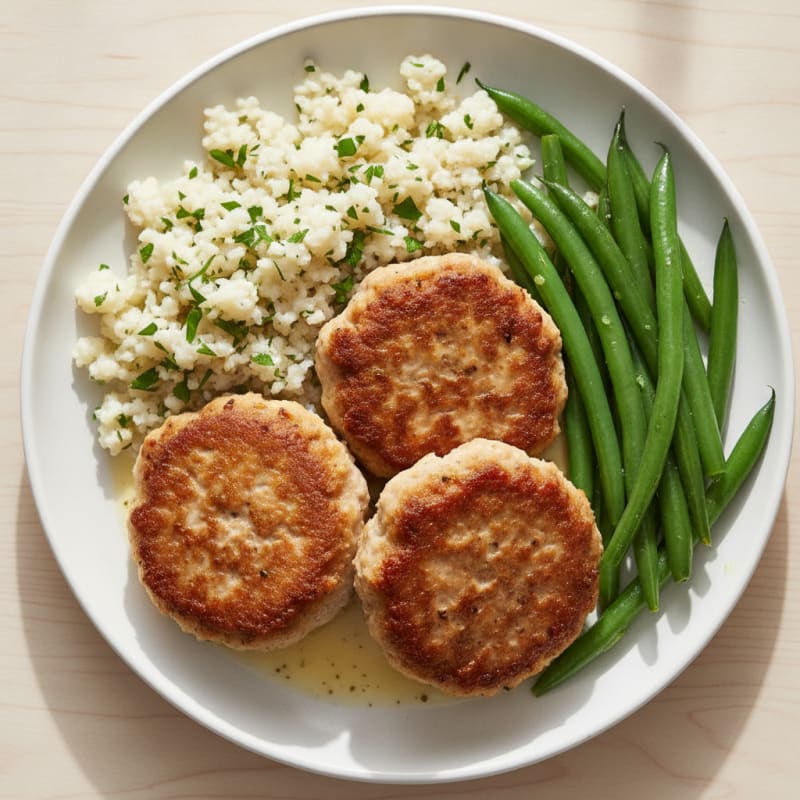 Seared Turkey Patties with Herbed Cauliflower Rice and Steamed Green Beans