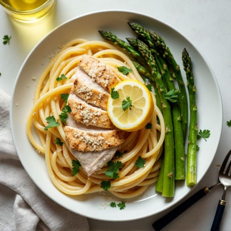 Creamy Lemon Garlic Chicken Fettuccine with Roasted Asparagus