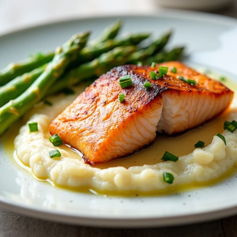 Seared Salmon with Steamed Asparagus and Cauliflower Mash