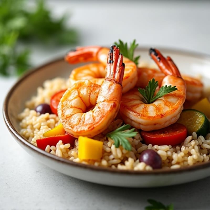 Seared Shrimp with Roasted Vegetables and Jasmine Rice