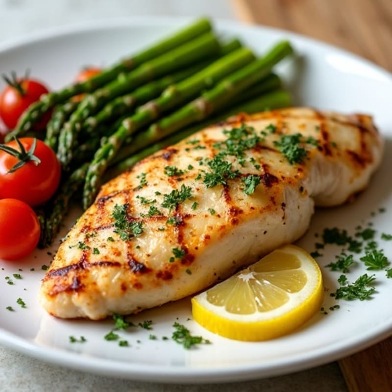 Crispy Lemon-Herb Pan-Seared Chicken with Roasted Asparagus and Cherry Tomatoes