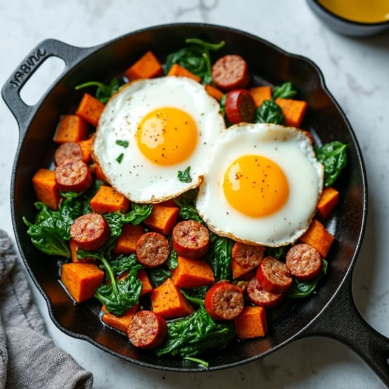Sweet Potato and Lean Turkey Sausage Skillet with Fresh Spinach and Fried Eggs