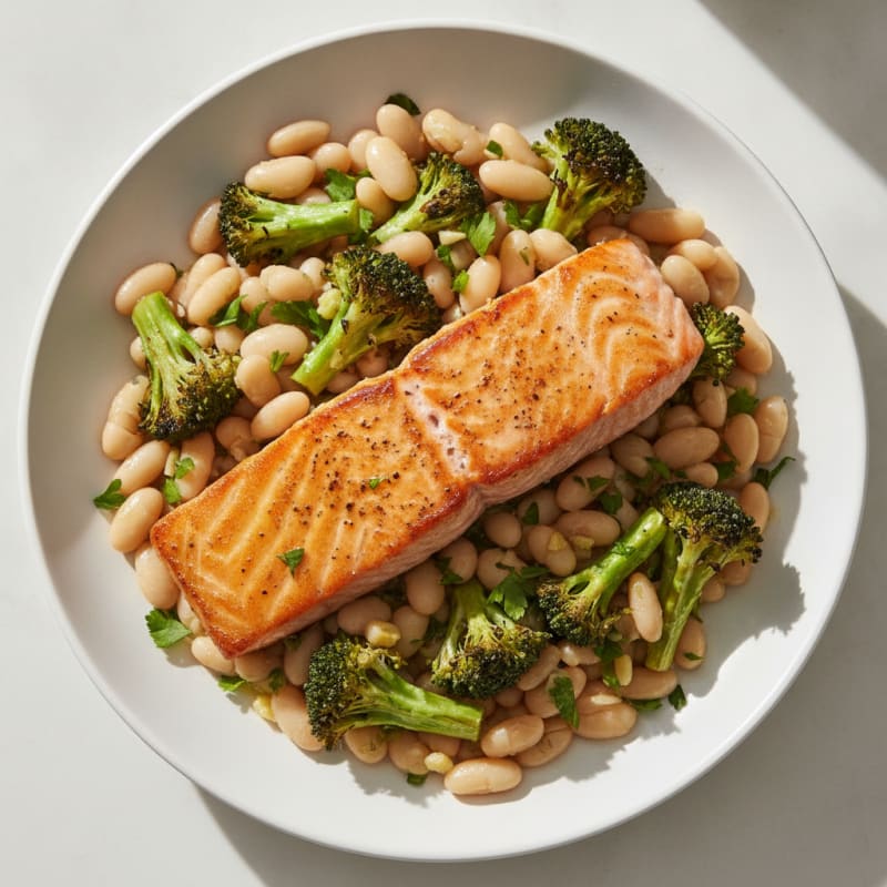 Seared Salmon with Roasted Broccoli and Herbed White Beans