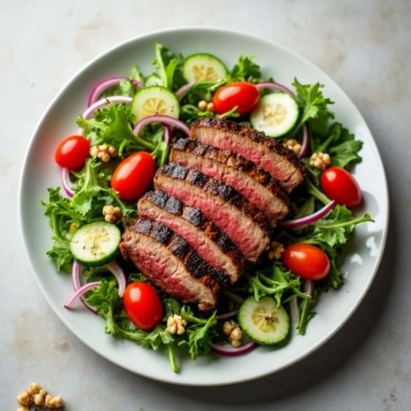 Grilled Deer Steak Salad with Mixed Greens and Olive Oil Vinaigrette