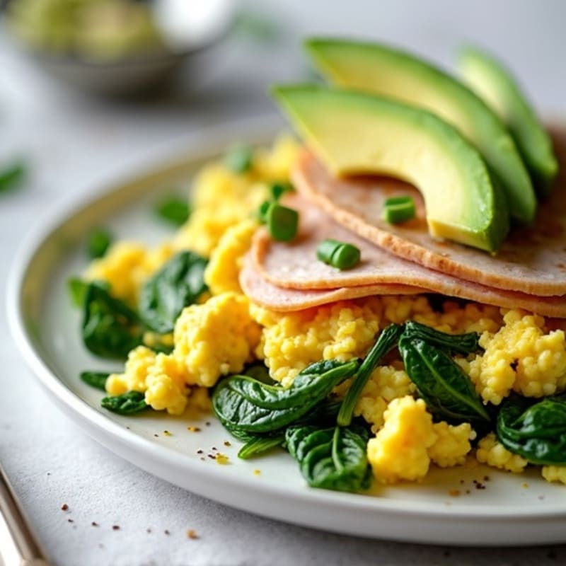 Egg White and Spinach Scramble with Cottage Cheese and Sliced Turkey