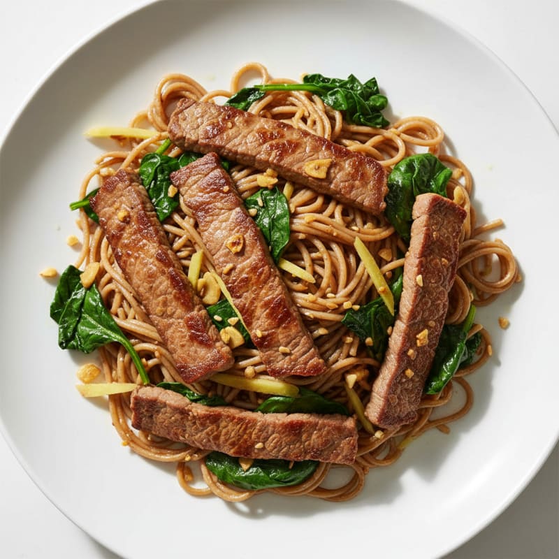 Seared Beef Strips with Garlic Rice Noodles and Sautéed Spinach