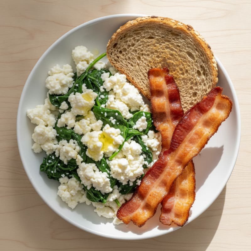 Cottage Cheese Scramble with Spinach and Turkey Bacon