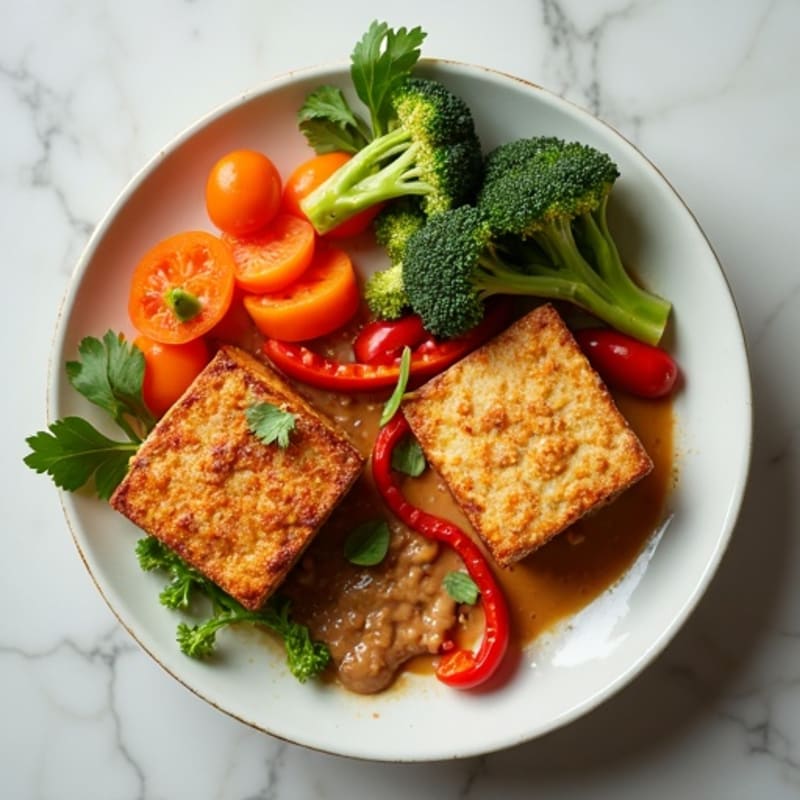 Crispy Baked Tofu with Peanut Sauce and Roasted Vegetables