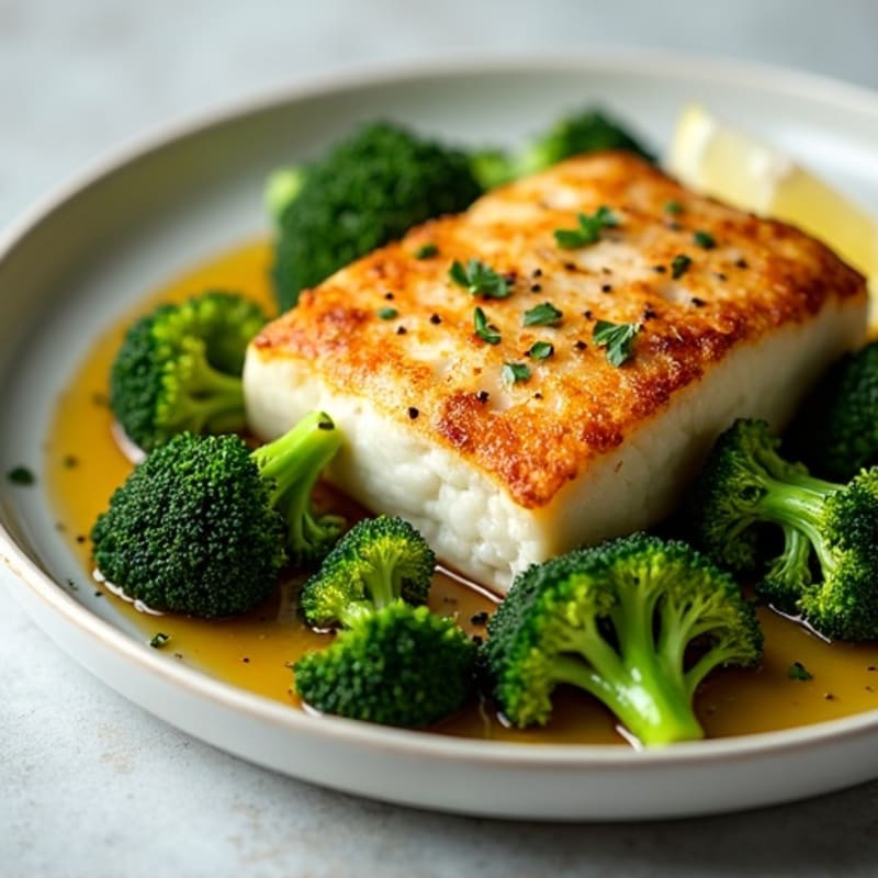 Crispy Pan-Seared Halibut with Garlic-Roasted Broccoli