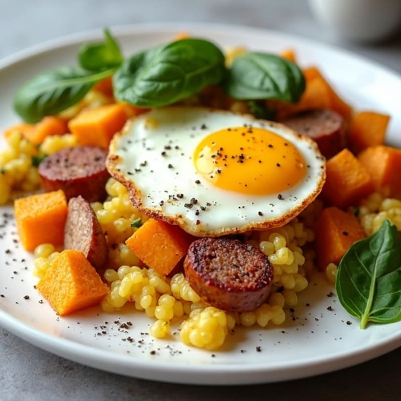 Savory Egg and Chicken Sausage Scramble with Roasted Sweet Potatoes