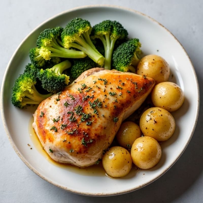Herb-Roasted Chicken with Crispy Garlic Potatoes and Roasted Broccoli