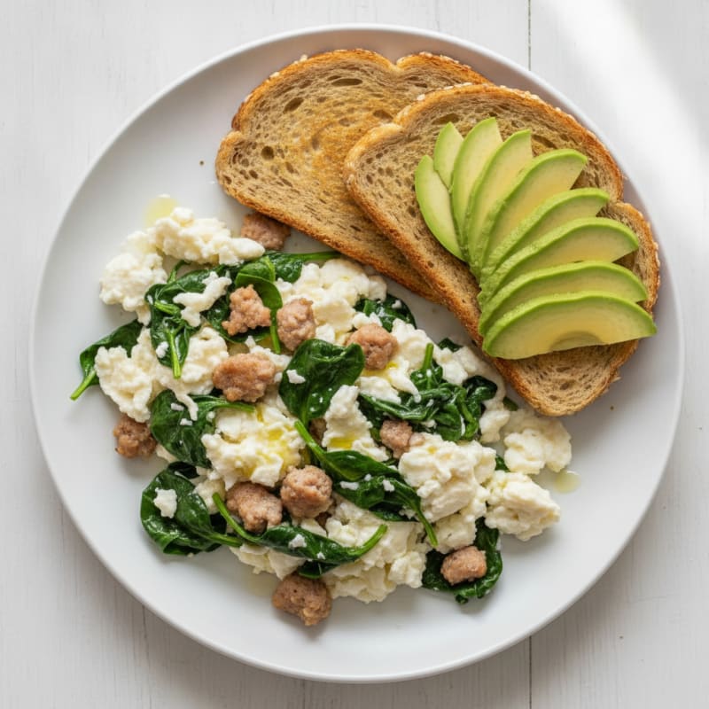 Egg White Scramble with Turkey Sausage and Sautéed Spinach