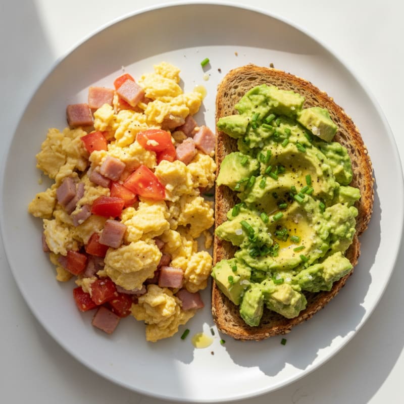 Ham and Tomato Scramble with Avocado Toast