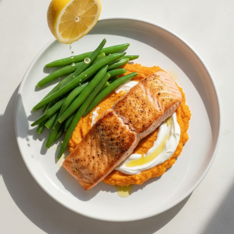 Seared Salmon Fillet with Steamed Green Beans and Sweet Potato Mash