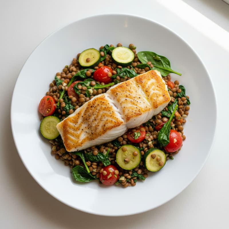 Seared White Fish with Herbed Lentil Vegetable Medley