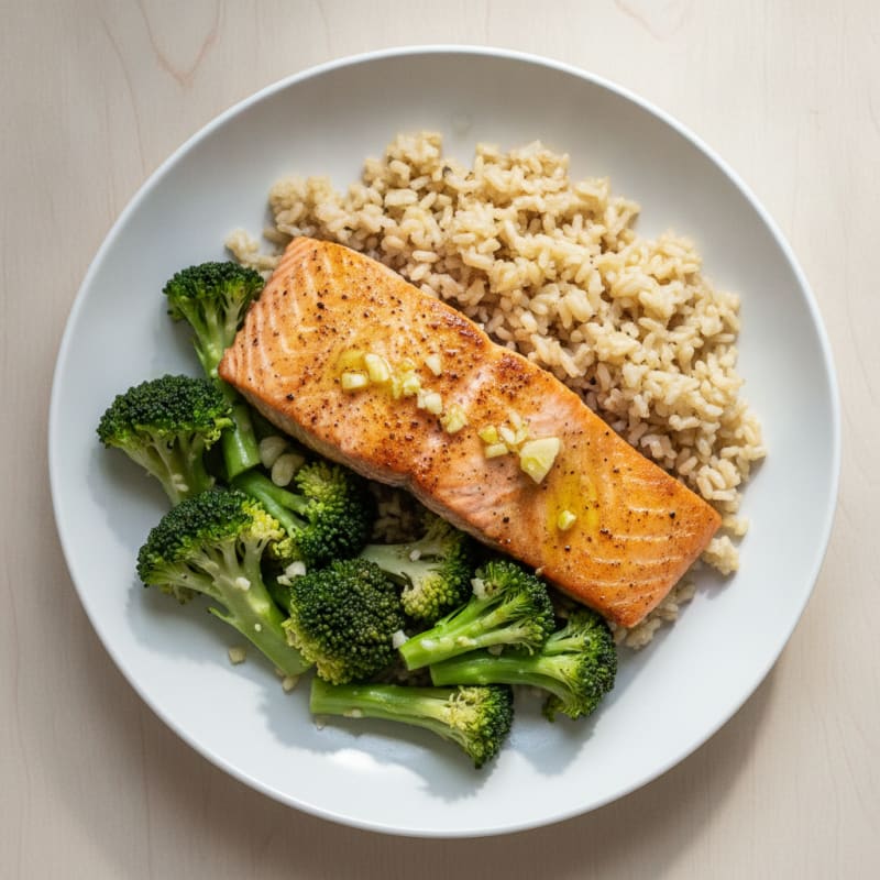 Seared Salmon with Steamed Broccoli and Garlic Brown Rice