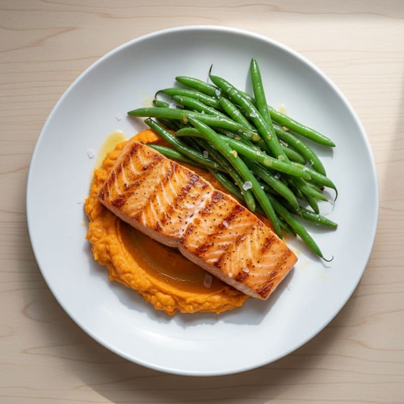 Seared Salmon Fillet with Garlic Green Beans and Sweet Potato Mash
