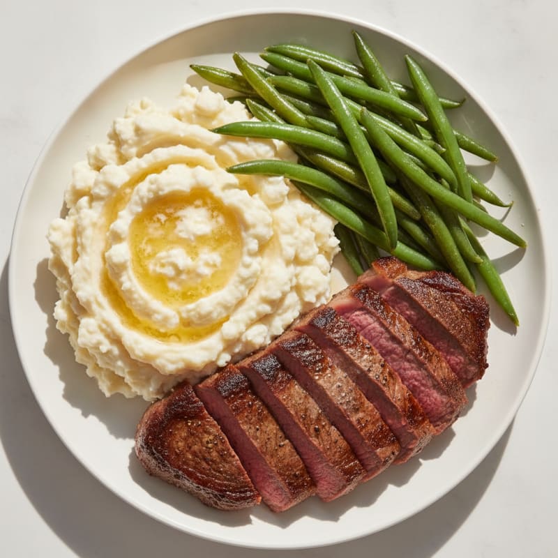 Seared Sirloin Steak with Creamy Cottage Cheese Mashed Potatoes and Green Beans
