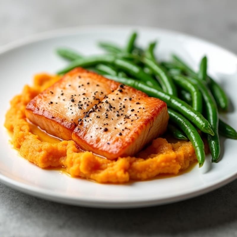 Seared Salmon with Steamed Green Beans and Sweet Potato Mash