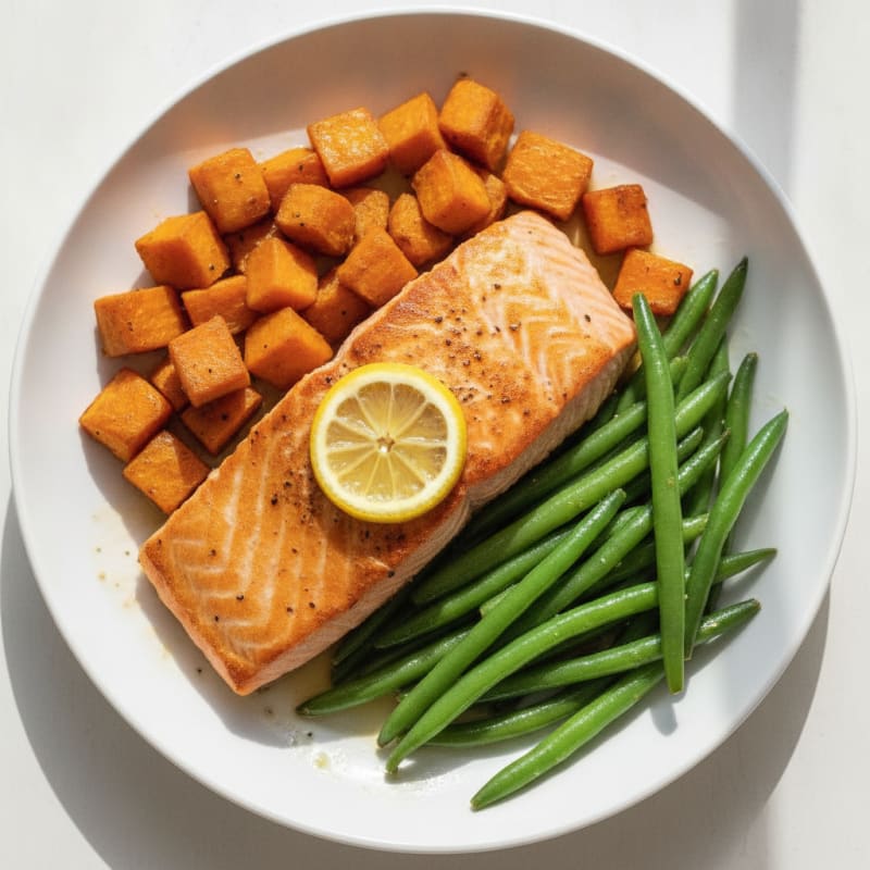 Pan-Seared Salmon with Roasted Sweet Potato and Green Beans