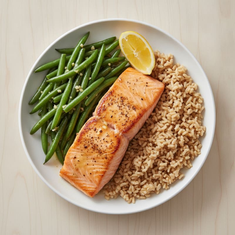 Seared Salmon with Garlic Green Beans and Brown Rice