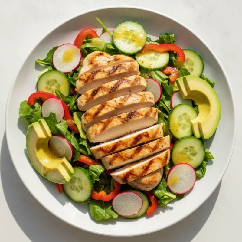 Grilled Chicken Salad with Crunchy Vegetables and Lemon Vinaigrette